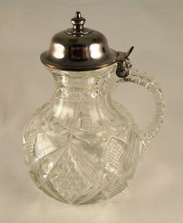 Adorable Antique Pressed Glass Syrup Pitcher with Silver Plate Lid