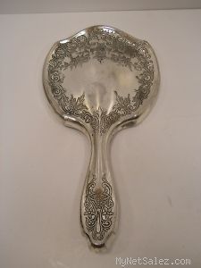 Vintage Antique Silver Engraved Victorian Hand Vanity Mirror Cracked 