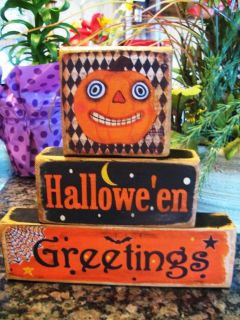 primitive halloween greetings shelf sitter blocks new 