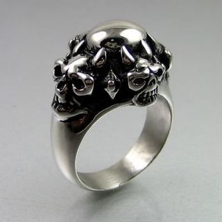  Black Silver Stainless Steel 4D Skull Guard Round Dome Ring Size 11