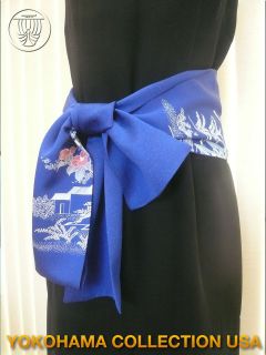 Japanese Kimono Flower Pattern Silk Fabric Belt/ Scarf/ Royal Blue