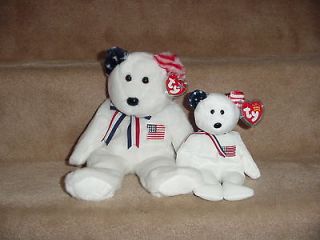 TY BEANIE & BUDDY WHITE AMERICA BEARS WITH USA FLAG ON CHEST