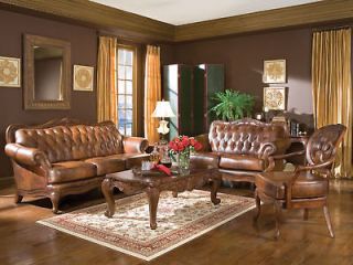   TRADITIONAL GENUINE TUFTED LEATHER SOFA COUCH SET   NEW LIVING ROOM
