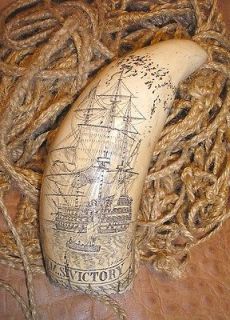 REPLICA SPERM WHALE TOOTH SCRIMSHAW SHIP HMS VICTORY LORD NELSON OF 