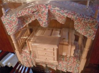Dollhouse Miniature Furniture Canopy Bed Dresser Nightstand Whitewash 