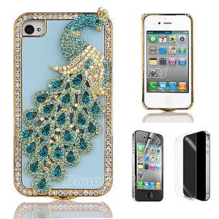 Blue Crystal 3D Peacock Bling Diamond PU Leather Case Cover for iPhone 