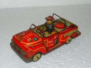 Vintage Mechanical Bump & Go, Fire Deportment Car / Truck Tin Toy 