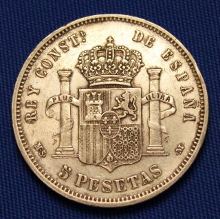 SPAIN, 5 PESETAS, ALFONSO XII ,1885 MS M , LARGE SILVER COIN 