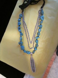   TURQUOISE TRIPPLE CHAIN FEATHER PENDANT NECKLACE NWT LEATHER TIE $42