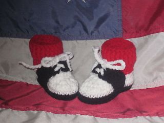 Hand Crochet Black & White Oxford Saddle Shoes Baby Booties with Red 