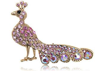 Swarovski Crystal Elements Rose Pink Radiant Peacock Bird Fashion Pin 