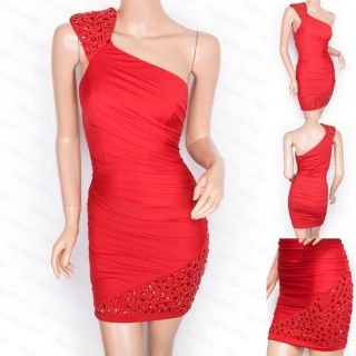 Elegant Red One Shoulder Jeweled Beaded Fitted Evening Party Prom 