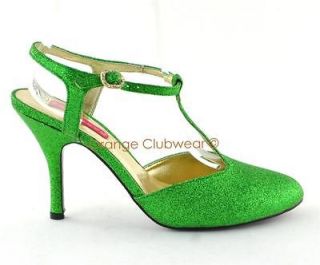   Green Glitter Cabaret St Patricks T Strap High Heels Shoes Pumps