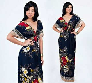 NEW Womens Floral Sexy VNeck Navy Blue Kimono Evening Plus Size Maxi 