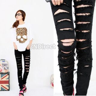 Women Black Punk Cut out Ripped Skinny Pants Jeans Jeggings Trousers 