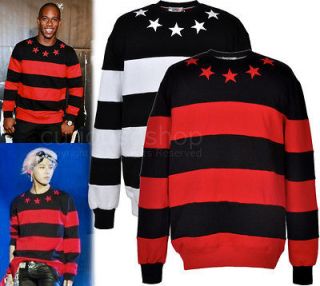 New Mens Star Striped Sweatshirt Jumper Pullover Black Red G Dragon 