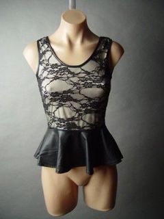 Black Lace Faux Leather Peplum 40s Pinup Bombshell Shell Top 02 mv 