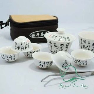 Chinese Calligraphy Tea Poem White Ru Porcelain Travel Teaware Set 