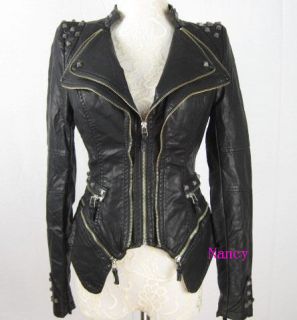 New Womens Punk Spike Studded Shoulder PU Leather Jacket Zipper coat 