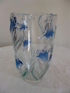   MIKASA CLEAR GLASS w/ BLUE & GREEN TINT   BLUEBELL BLUE FLOWERS VASE