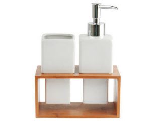 New Pt White Ceramic & Bamboo Bathroom Soap Pump & Tumbler Set