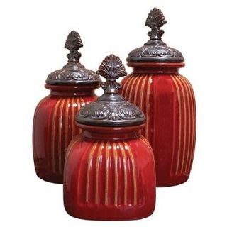 SET/3 TOMATO RED TUSCAN CERAMIC CANISTERS WITH FINIAL TOPPED LIDS