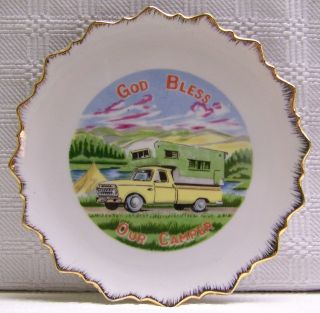   Our Camper Vintage Plate Yellow Pick up Truck Green Camper Mountains