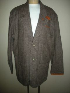 Orvis Mens Brown Tweed Wool Leather Patch Sleeves Trim Jacket Sz L