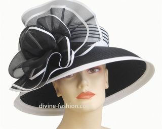 Womens Church Hat, Derby hat, Straw hat, Black stone, Black/White 15 