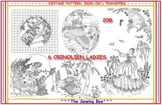 208 ~ 6 New Crinoline Lady Embroidery Transfer patterns HOT IRON