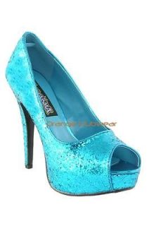 PLEASER Turquoise Blue Glitter Peep Toe Mini Platform High Heels Party 
