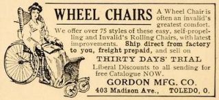 1909 Ad Antique Wheel Chairs Rolling Gordon Toledo Ohio   ORIGINAL 