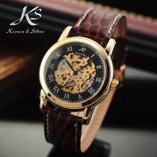   Automatic Skeleton Mechanical Leather Stainless Steel Case Men Watch
