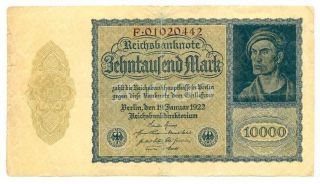 Germany Weimar Republic Reichsbanknote 10000 Mark 19.1. 1922 F/VF #69b