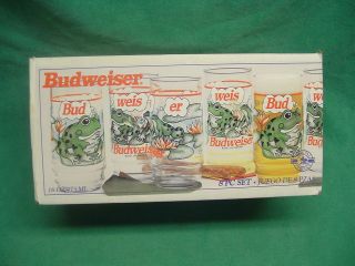 Budweiser Frog 16 oz Glasses Set of 8 in original box Bud weis er