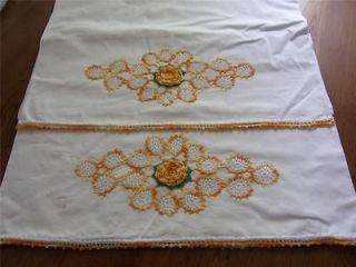 Orange & White Crochet Flower and Edge Pillow Case Pair LONG Set of 2