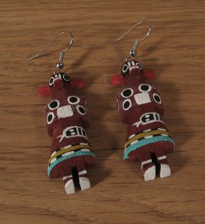 Bear Navajo Kachina Dangle Wood Earring Native American Sterling Wires 
