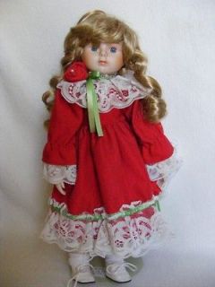 14 Blond Porcelain Doll Red Corduroy Dress White Lace 