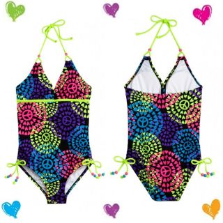 NWT Justice Girls BLACK & NEON Peace Heart Medallion One Piece 