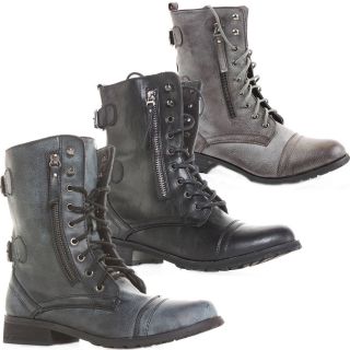 Womens Combat Style Army Worker Military Ankle Boots Flat Punk Goth 