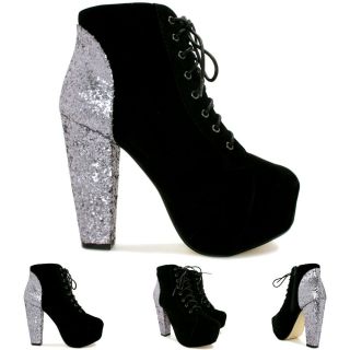 New Womens Block Heel Glitter Lace Up Concealed Platform Ankle Boots 