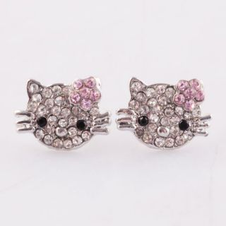 Pair Lovely Clear Pink Flower Crystal Hellow kitty^ Charm Earrings 