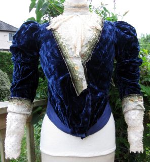 Antique Edwardian Embroidered Blue Velvet Lace Bodice Waist Blouse 