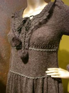   Gray Black Pom Pom Fur Trim Tiered Crochet Trim Sweater Dress L