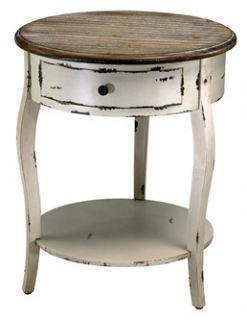 Abelard Round Side Table with Drawer Cottage Style Distressed White 