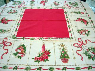   Vintage Christmas Tablecloth Cotton with Gold Accents Clean