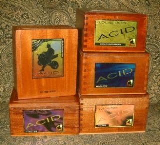   COLLECTION OF FIVE HEAVY WOODEN CIGAR BOXES FROM ACID. SEVERAL SIZES