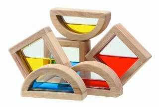 Plan Toy Water Blocks Six Hardwood Acrylic Blocks Filled with Red Blue 