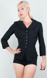 Adele California Vtg 40s Hourglass Tailored Deep Black Blazer Jacket 