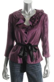 Adrianna Papell New Purple Shimmer Ruffled Collar Gathered Jacket 